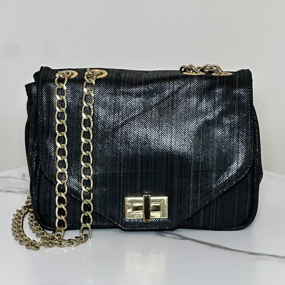 Pietro Alessandro Black Leather Chain Shoulder Bag Gold Hardware‎ Evening Chic